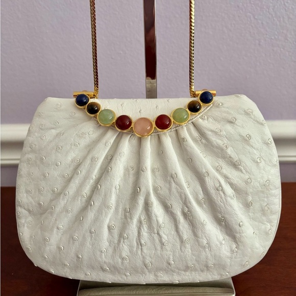 Judith Leiber White Ostrich Crossbody Bag with Gold Chain & Multi-Gem Accents